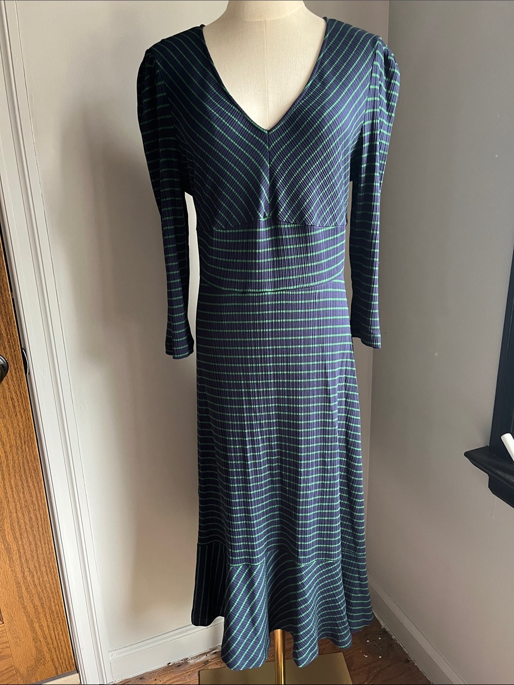 NWT Maeve Navy and Green Striped V-Neck Long Sleeve Midi Dress XL